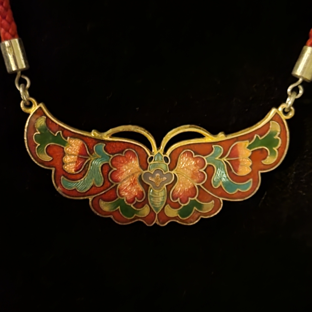 Butterfly necklace with 14" red cord colorful pendant